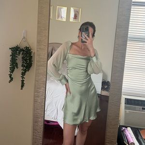 WeWoreWhat Puff Sleeve Crinkle Chiffon Cowl Dress in Fog Green